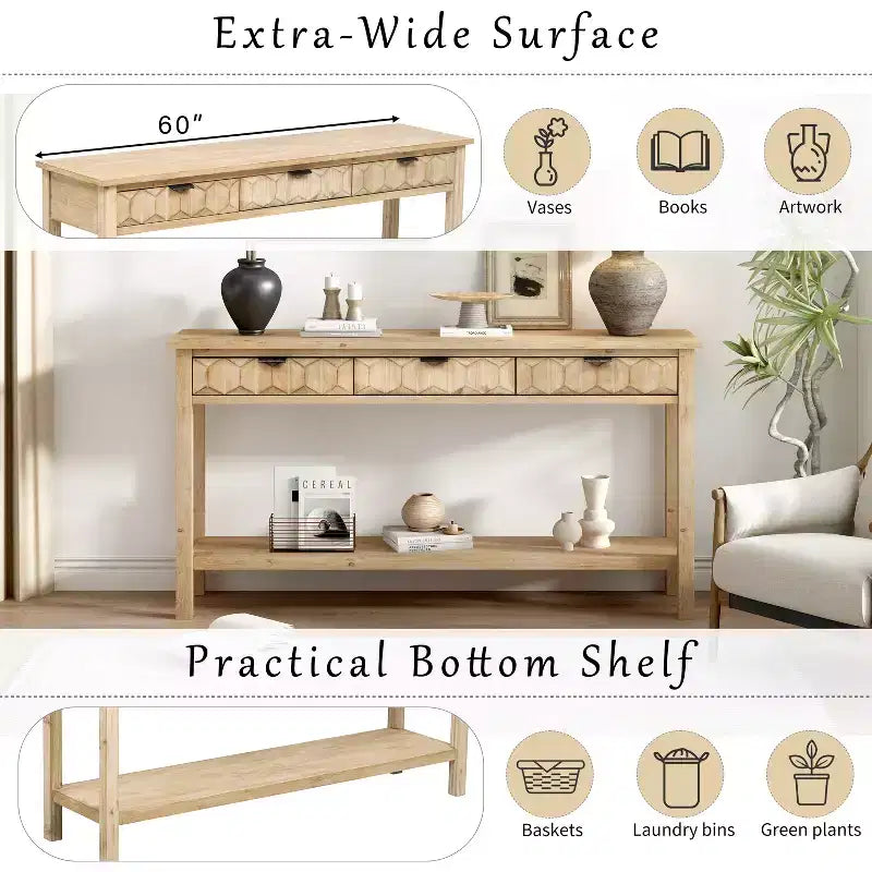 60 Inch Fir Veneer Entryway Console Table with Honeycomb-Patterned Fronts and 3 Drawers, Solid Fir Legs
