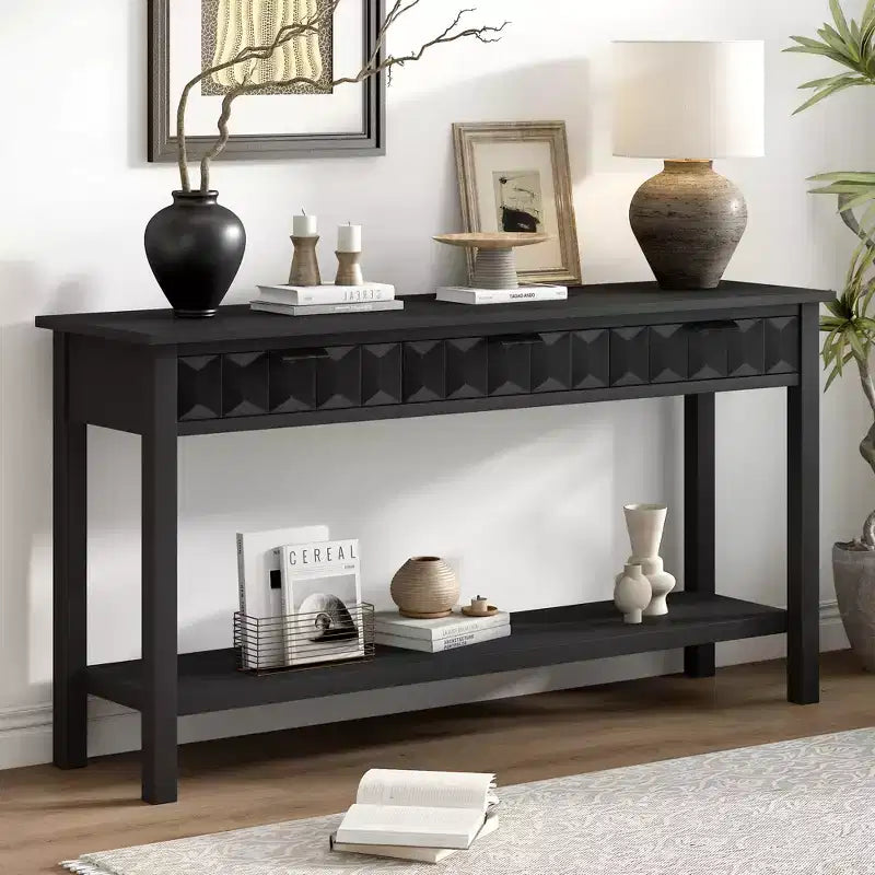 60 Inch Fir Veneer Entryway Console Table with Honeycomb-Patterned Fronts and 3 Drawers, Solid Fir Legs