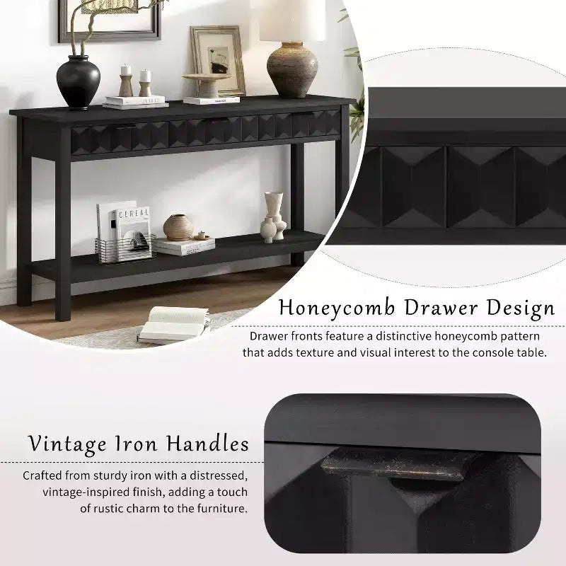 60 Inch Fir Veneer Entryway Console Table with Honeycomb-Patterned Fronts and 3 Drawers, Solid Fir Legs