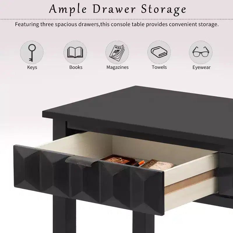 60 Inch Fir Veneer Entryway Console Table with Honeycomb-Patterned Fronts and 3 Drawers, Solid Fir Legs