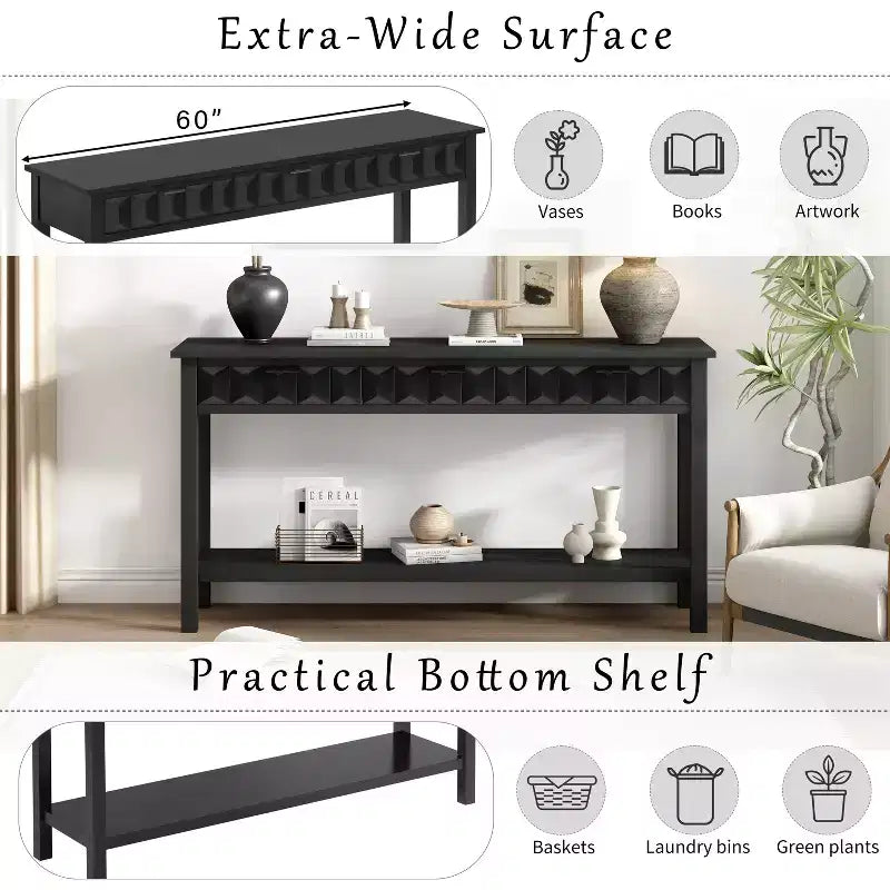 60 Inch Fir Veneer Entryway Console Table with Honeycomb-Patterned Fronts and 3 Drawers, Solid Fir Legs