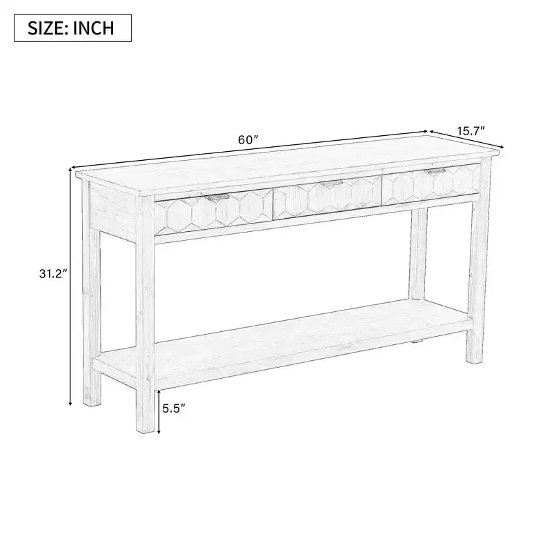 60 Inch Fir Veneer Entryway Console Table with Honeycomb-Patterned Fronts and 3 Drawers, Solid Fir Legs