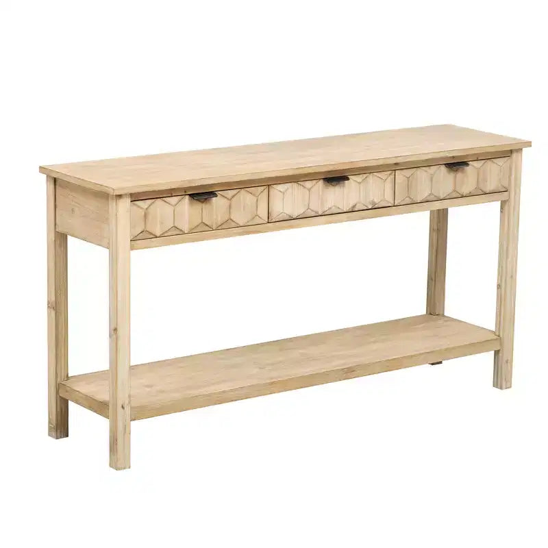 60 Inch Fir Veneer Entryway Console Table with Honeycomb-Patterned Fronts and 3 Drawers, Solid Fir Legs