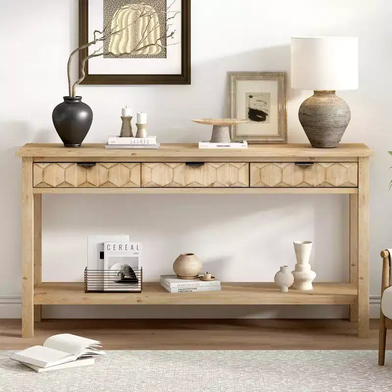 60 Inch Fir Veneer Entryway Console Table with Honeycomb-Patterned Fronts and 3 Drawers, Solid Fir Legs