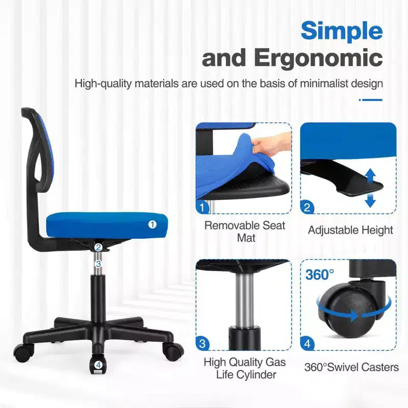 Low-Back Armless Mesh Office Chair with Lumbar Support, Adjustable Height Desk Chair for Study, Reading Room, Office