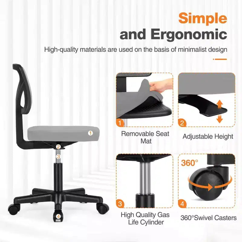 Low-Back Armless Mesh Office Chair with Lumbar Support, Adjustable Height Desk Chair for Study, Reading Room, Office