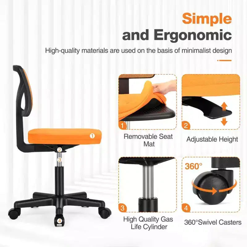 Low-Back Armless Mesh Office Chair with Lumbar Support, Adjustable Height Desk Chair for Study, Reading Room, Office