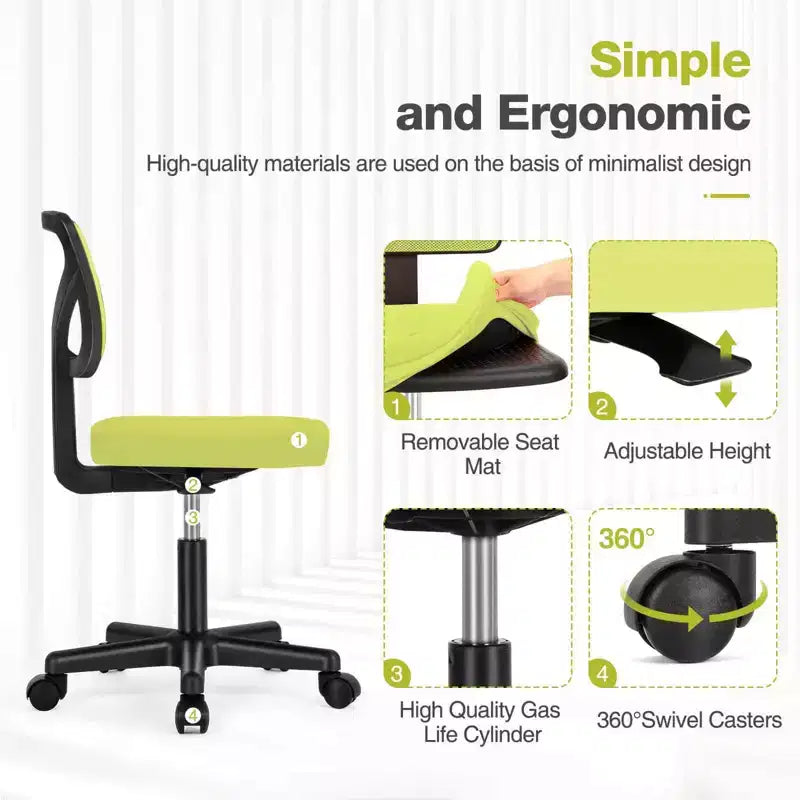 Low-Back Armless Mesh Office Chair with Lumbar Support, Adjustable Height Desk Chair for Study, Reading Room, Office