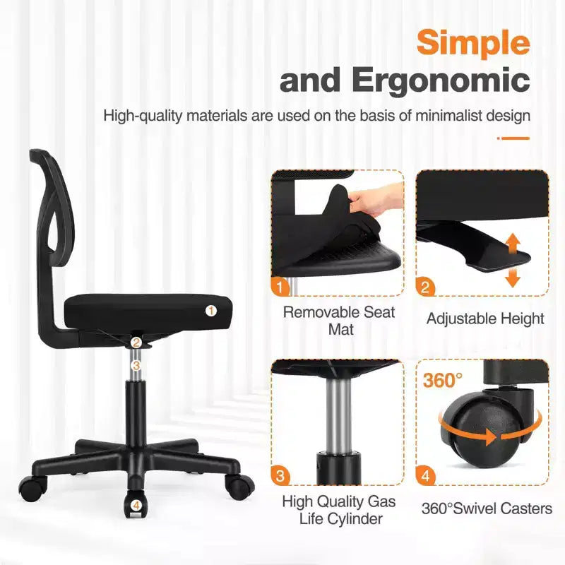 Low-Back Armless Mesh Office Chair with Lumbar Support, Adjustable Height Desk Chair for Study, Reading Room, Office