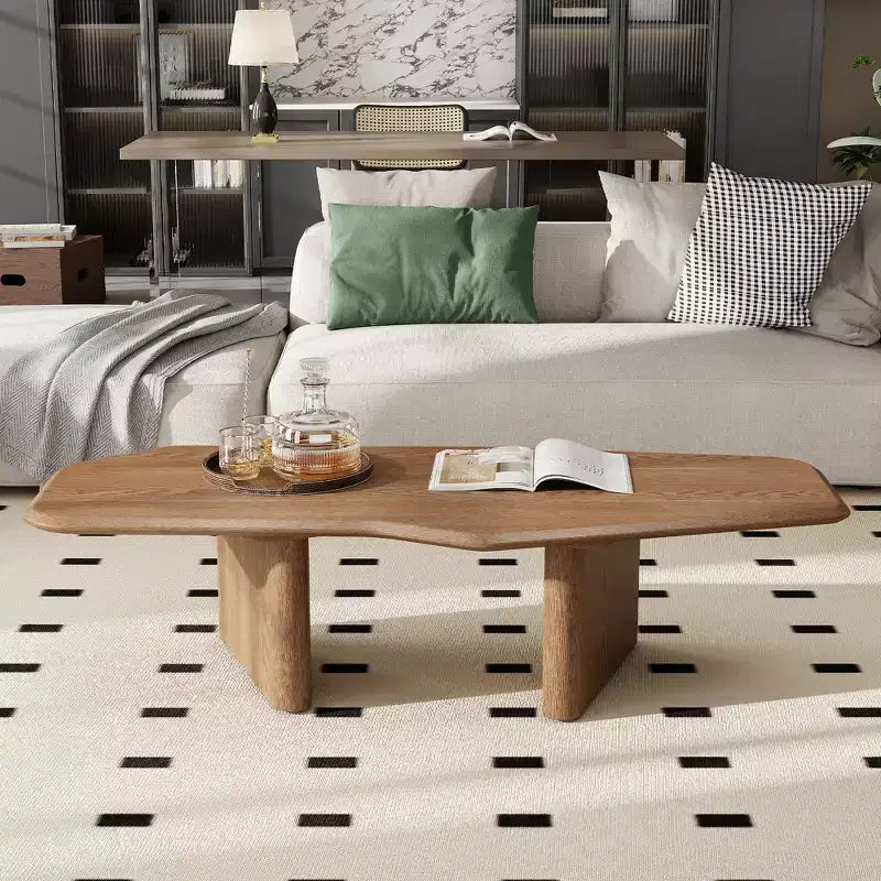 Rustic Wooden Irregular Coffee Table with Double Pedestal