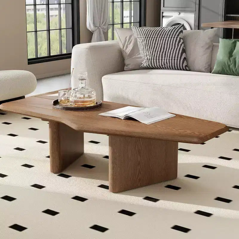 Rustic Wooden Irregular Coffee Table with Double Pedestal
