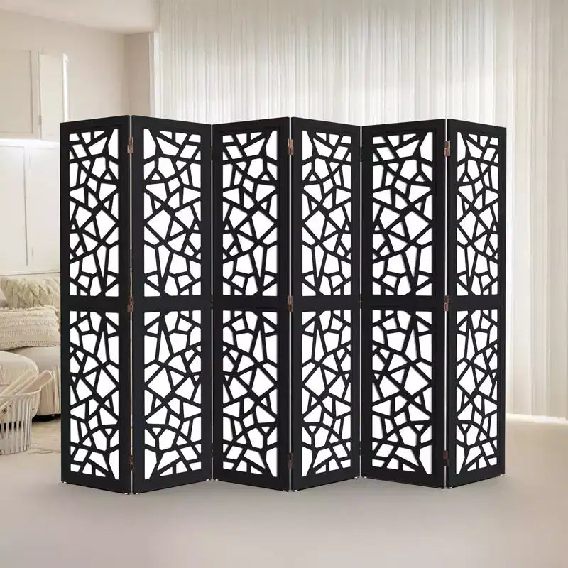 6 Panel Room Divider, Non-Woven Fabric Privacy Screen, Indoor Partition Wall Divider, Freestanding Space Separator with Unique Pattern, Black