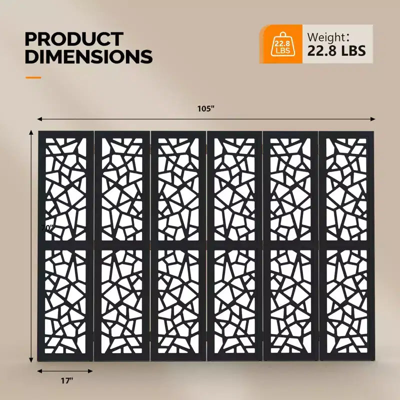 6 Panel Room Divider, Non-Woven Fabric Privacy Screen, Indoor Partition Wall Divider, Freestanding Space Separator with Unique Pattern, Black