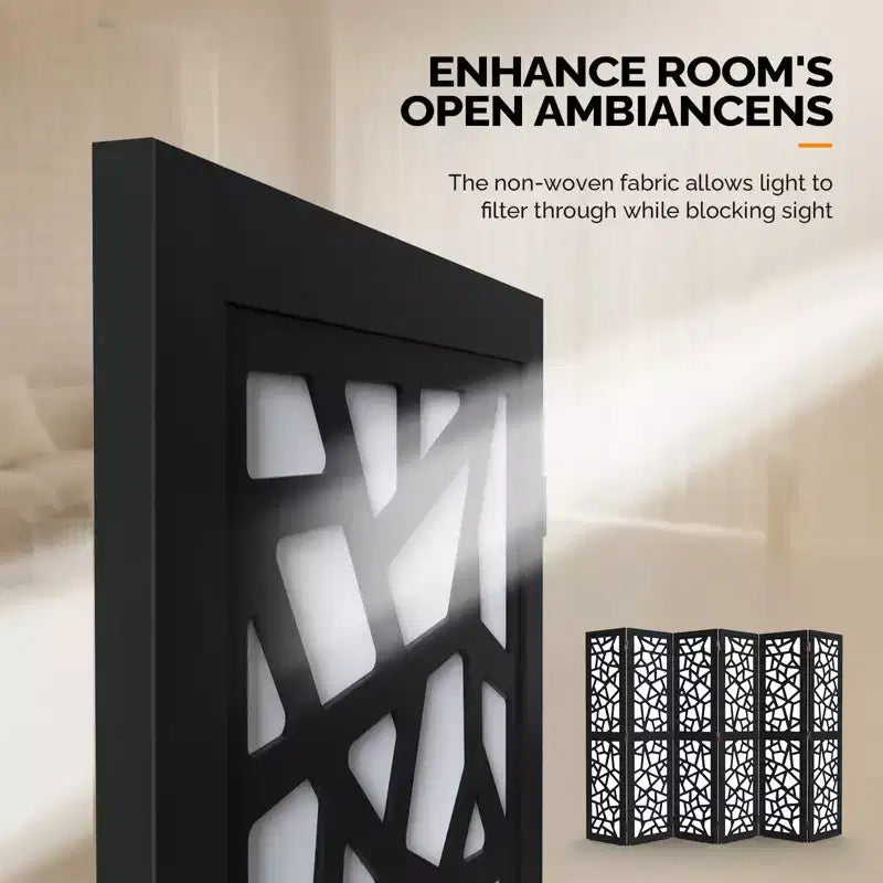 6 Panel Room Divider, Non-Woven Fabric Privacy Screen, Indoor Partition Wall Divider, Freestanding Space Separator with Unique Pattern, Black