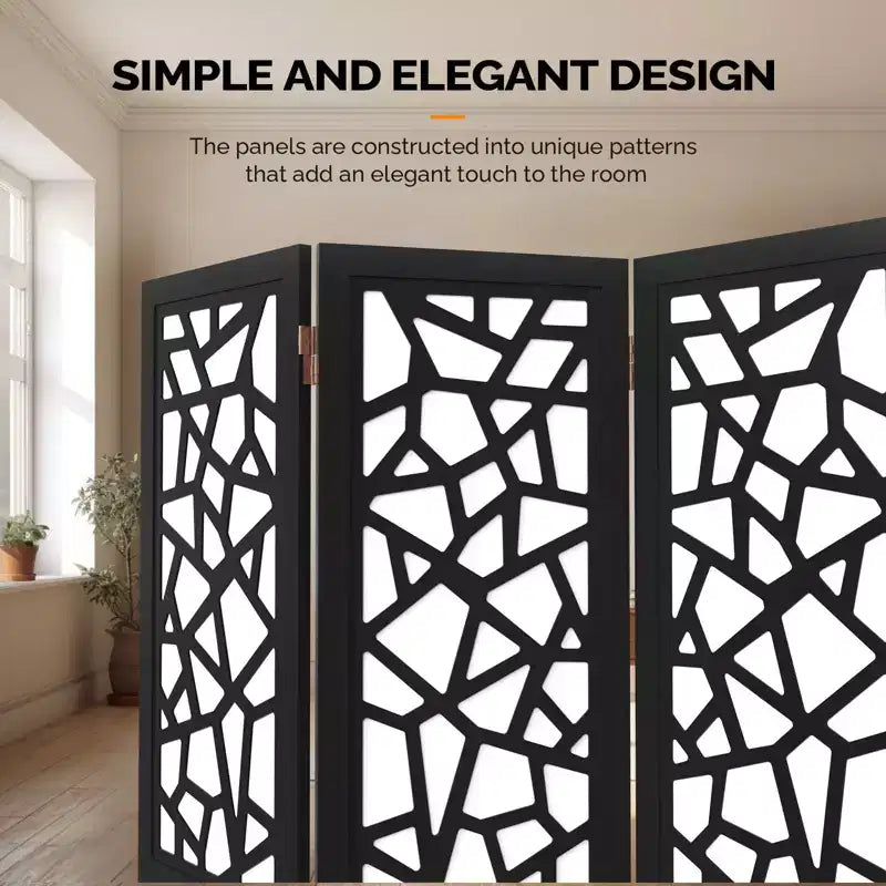 6 Panel Room Divider, Non-Woven Fabric Privacy Screen, Indoor Partition Wall Divider, Freestanding Space Separator with Unique Pattern, Black