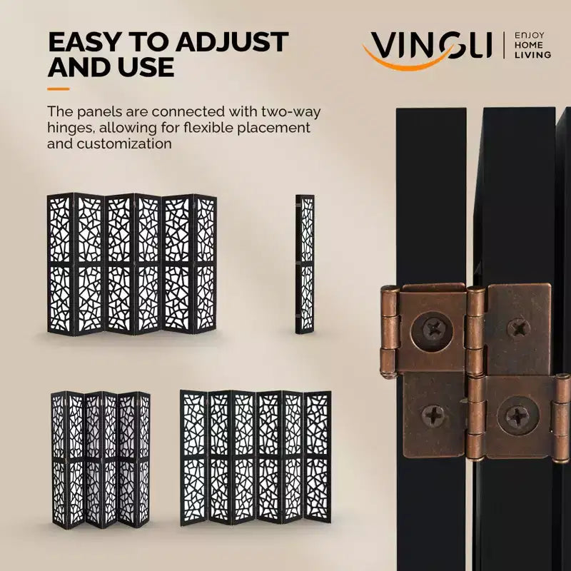 6 Panel Room Divider, Non-Woven Fabric Privacy Screen, Indoor Partition Wall Divider, Freestanding Space Separator with Unique Pattern, Black