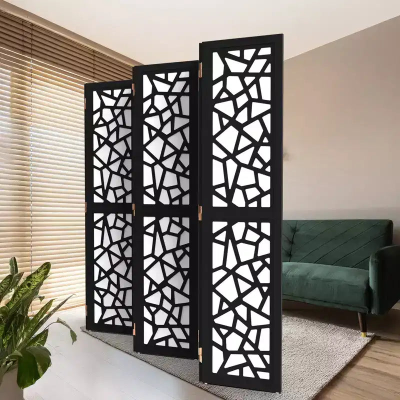 6 Panel Room Divider, Non-Woven Fabric Privacy Screen, Indoor Partition Wall Divider, Freestanding Space Separator with Unique Pattern, Black