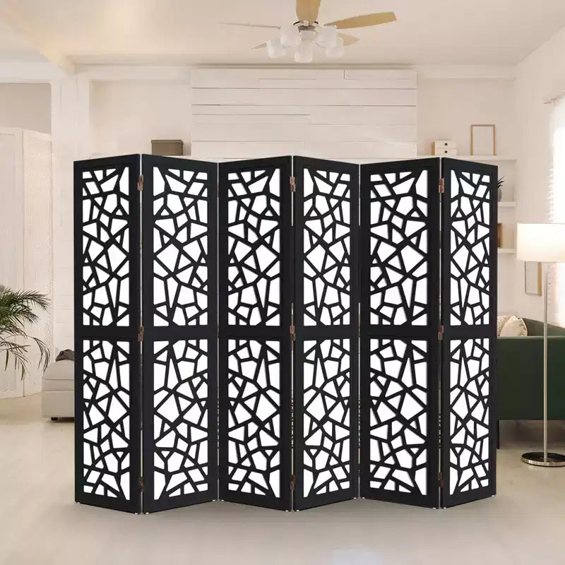 6 Panel Room Divider, Non-Woven Fabric Privacy Screen, Indoor Partition Wall Divider, Freestanding Space Separator with Unique Pattern, Black