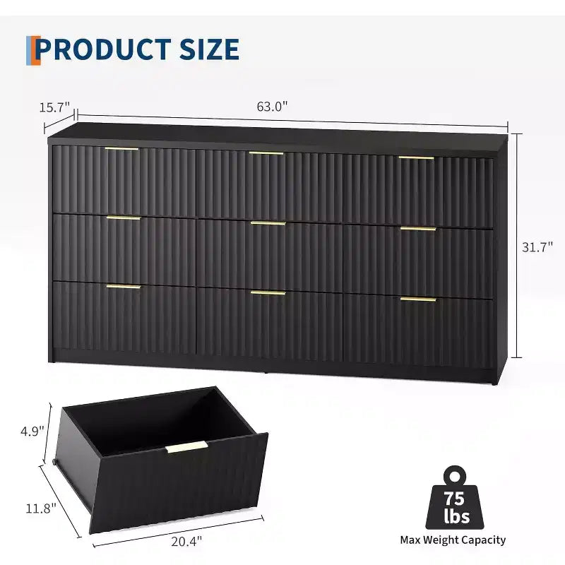 Modern Fluted 8/9-Drawer Dresser for Bedroom, Storage Organizer for Living Room, Hallway & Entryway, White/Black/Natural Oak