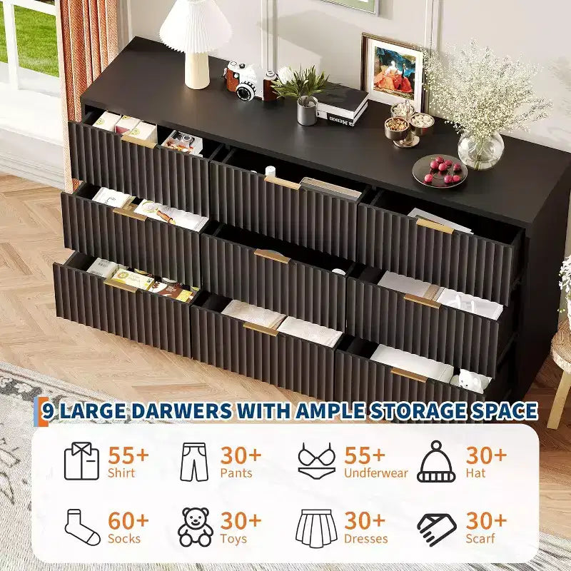 Modern Fluted 8/9-Drawer Dresser for Bedroom, Storage Organizer for Living Room, Hallway & Entryway, White/Black/Natural Oak