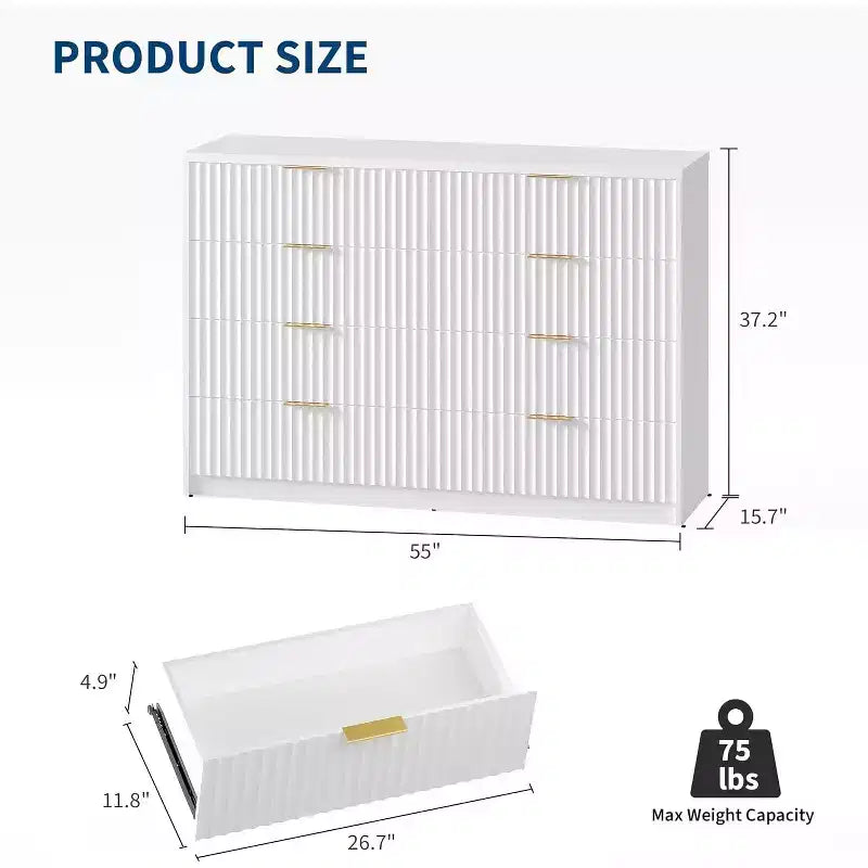 Modern Fluted 8/9-Drawer Dresser for Bedroom, Storage Organizer for Living Room, Hallway & Entryway, White/Black/Natural Oak