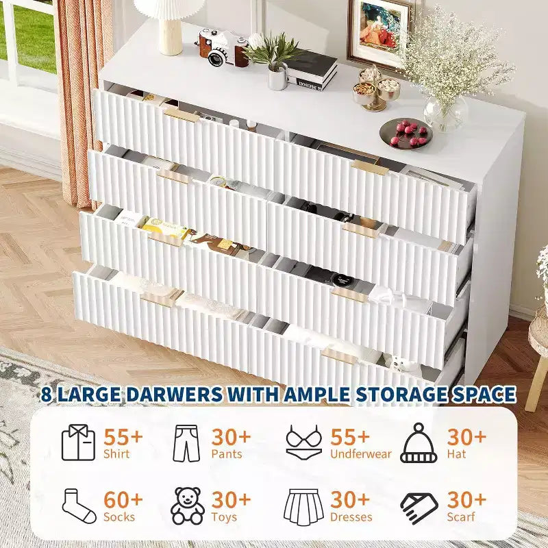 Modern Fluted 8/9-Drawer Dresser for Bedroom, Storage Organizer for Living Room, Hallway & Entryway, White/Black/Natural Oak