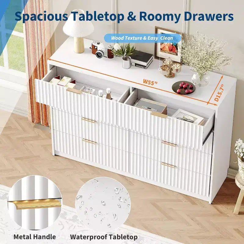 Modern Fluted 8/9-Drawer Dresser for Bedroom, Storage Organizer for Living Room, Hallway & Entryway, White/Black/Natural Oak