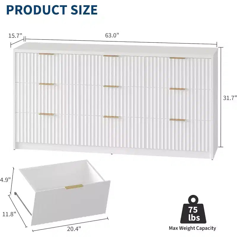 Modern Fluted 8/9-Drawer Dresser for Bedroom, Storage Organizer for Living Room, Hallway & Entryway, White/Black/Natural Oak