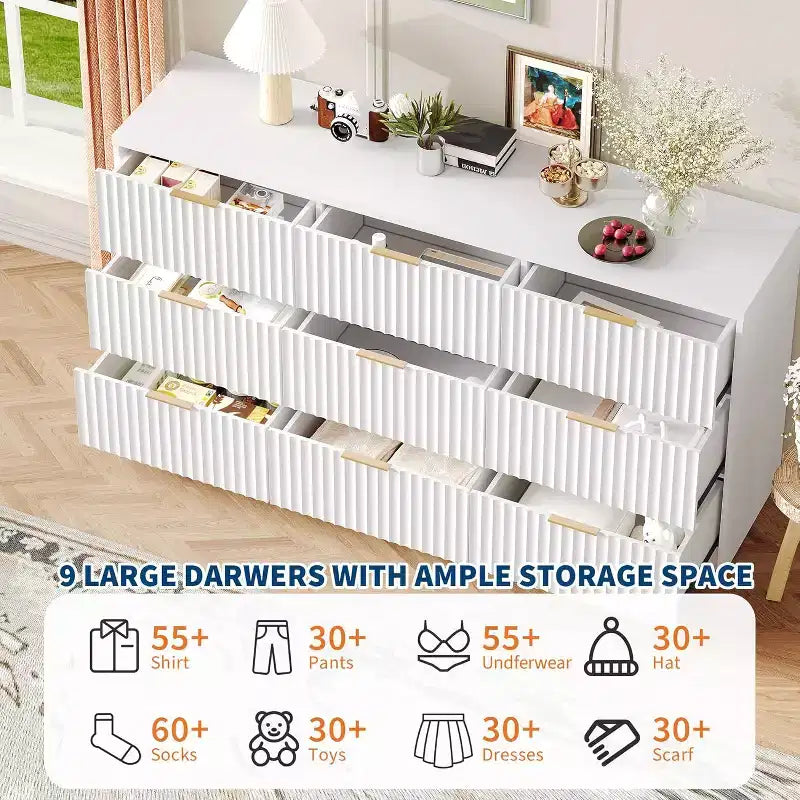 Modern Fluted 8/9-Drawer Dresser for Bedroom, Storage Organizer for Living Room, Hallway & Entryway, White/Black/Natural Oak