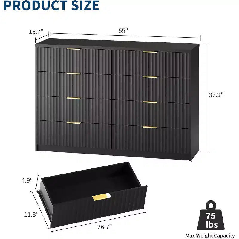 Modern Fluted 8/9-Drawer Dresser for Bedroom, Storage Organizer for Living Room, Hallway & Entryway, White/Black/Natural Oak