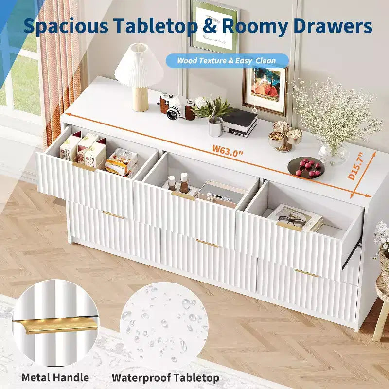 Modern Fluted 8/9-Drawer Dresser for Bedroom, Storage Organizer for Living Room, Hallway & Entryway, White/Black/Natural Oak