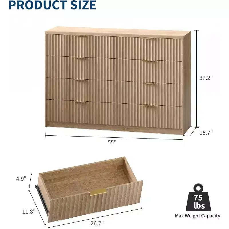 Modern Fluted 8/9-Drawer Dresser for Bedroom, Storage Organizer for Living Room, Hallway & Entryway, White/Black/Natural Oak