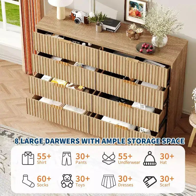 Modern Fluted 8/9-Drawer Dresser for Bedroom, Storage Organizer for Living Room, Hallway & Entryway, White/Black/Natural Oak