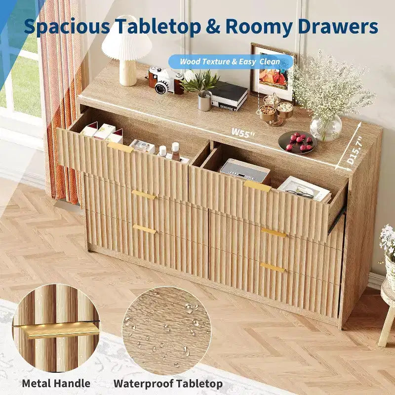 Modern Fluted 8/9-Drawer Dresser for Bedroom, Storage Organizer for Living Room, Hallway & Entryway, White/Black/Natural Oak