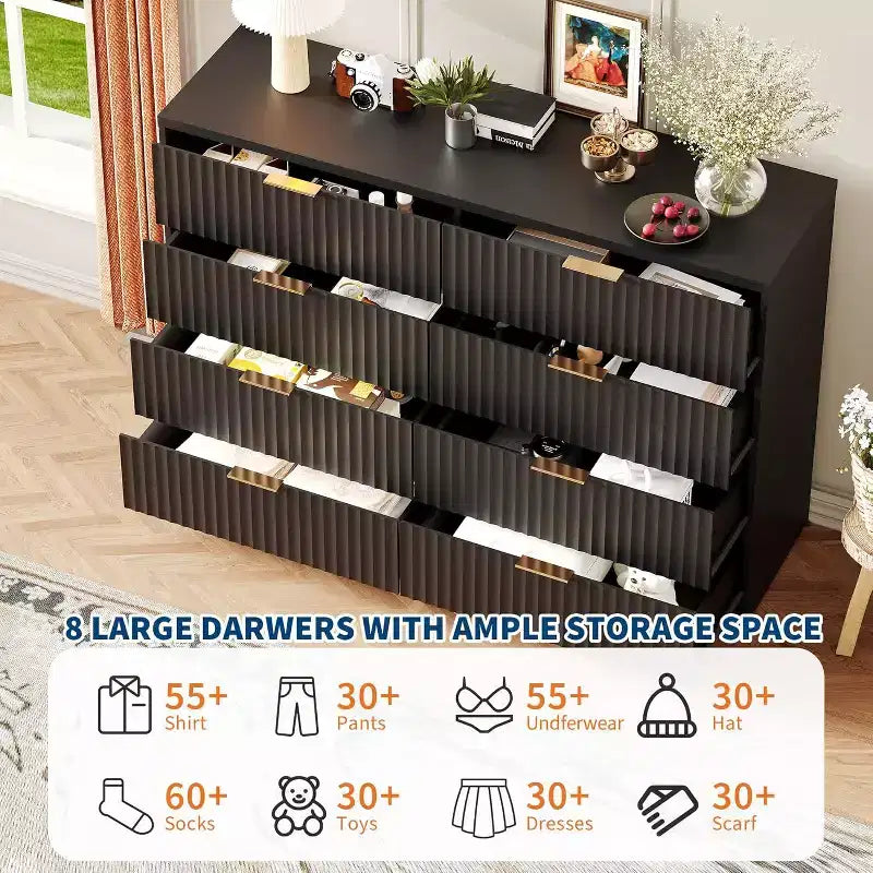 Modern Fluted 8/9-Drawer Dresser for Bedroom, Storage Organizer for Living Room, Hallway & Entryway, White/Black/Natural Oak