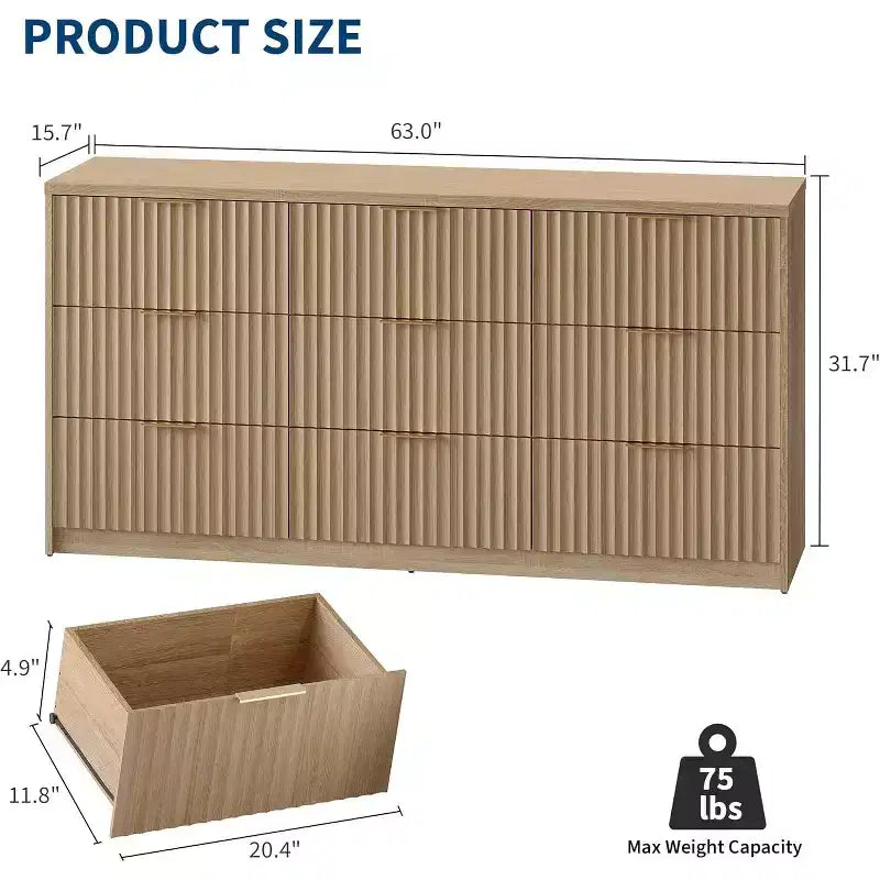 Modern Fluted 8/9-Drawer Dresser for Bedroom, Storage Organizer for Living Room, Hallway & Entryway, White/Black/Natural Oak
