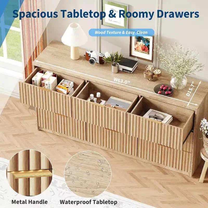 Modern Fluted 8/9-Drawer Dresser for Bedroom, Storage Organizer for Living Room, Hallway & Entryway, White/Black/Natural Oak