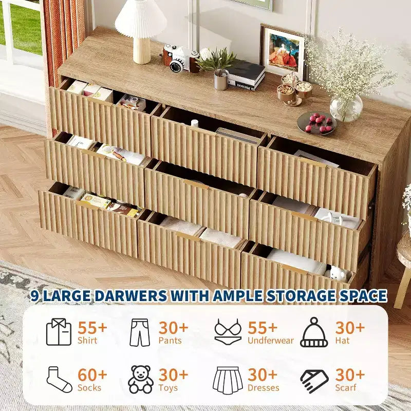 Modern Fluted 8/9-Drawer Dresser for Bedroom, Storage Organizer for Living Room, Hallway & Entryway, White/Black/Natural Oak