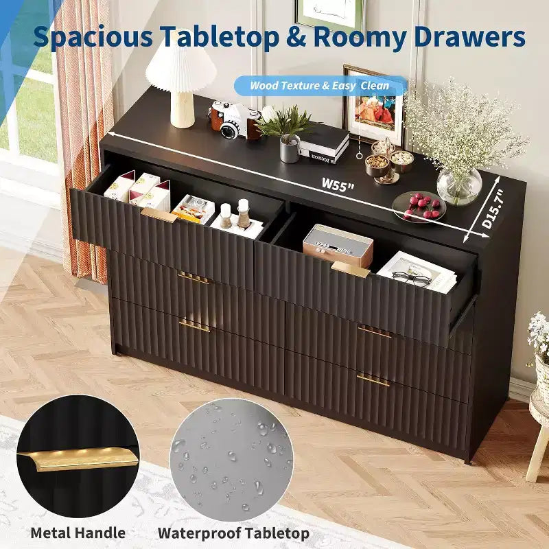 Modern Fluted 8/9-Drawer Dresser for Bedroom, Storage Organizer for Living Room, Hallway & Entryway, White/Black/Natural Oak