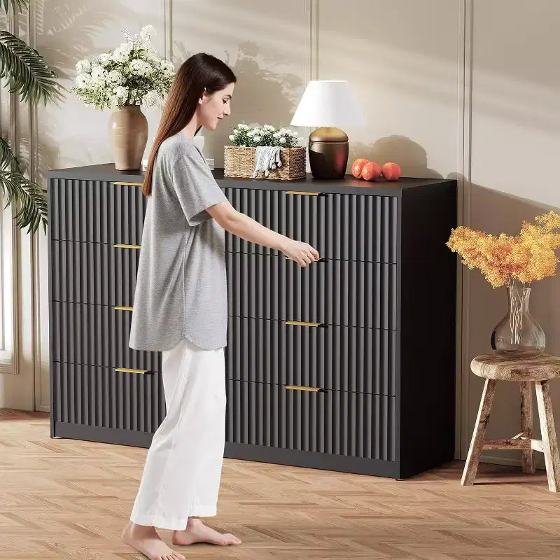 Modern Fluted 8/9-Drawer Dresser for Bedroom, Storage Organizer for Living Room, Hallway & Entryway, White/Black/Natural Oak