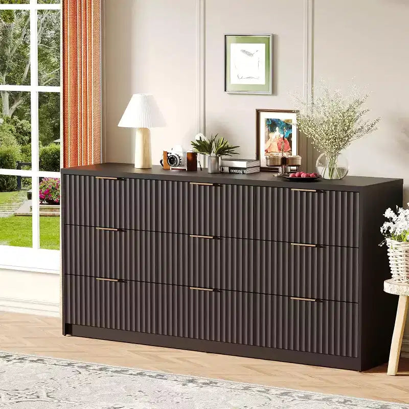 Modern Fluted 8/9-Drawer Dresser for Bedroom, Storage Organizer for Living Room, Hallway & Entryway, White/Black/Natural Oak