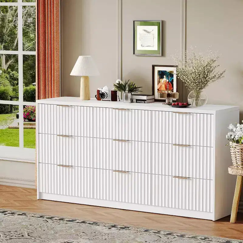 Modern Fluted 8/9-Drawer Dresser for Bedroom, Storage Organizer for Living Room, Hallway & Entryway, White/Black/Natural Oak
