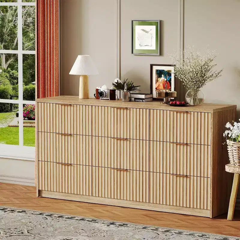 Modern Fluted 8/9-Drawer Dresser for Bedroom, Storage Organizer for Living Room, Hallway & Entryway, White/Black/Natural Oak