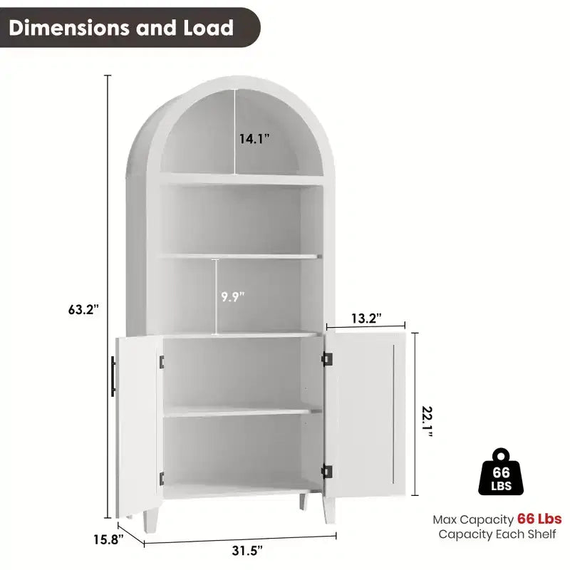 63.2" Arched Bookcase with Doors, 5-Tier Open Display Shelf with Rattan Decor for Kitchen, Dining Room, Living Room