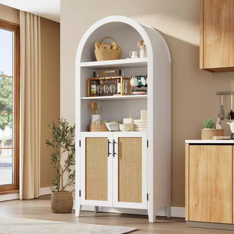 63.2" Arched Bookcase with Doors, 5-Tier Open Display Shelf with Rattan Decor for Kitchen, Dining Room, Living Room