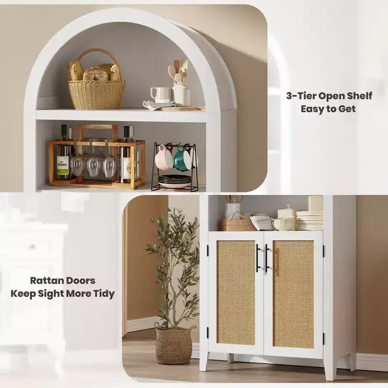 63.2" Arched Bookcase with Doors, 5-Tier Open Display Shelf with Rattan Decor for Kitchen, Dining Room, Living Room