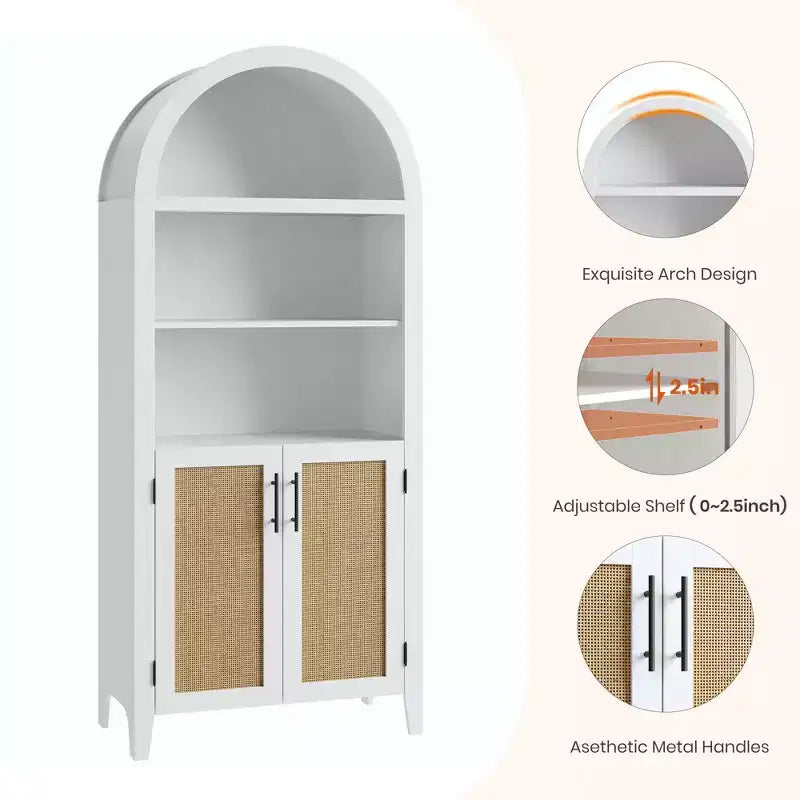 63.2" Arched Bookcase with Doors, 5-Tier Open Display Shelf with Rattan Decor for Kitchen, Dining Room, Living Room