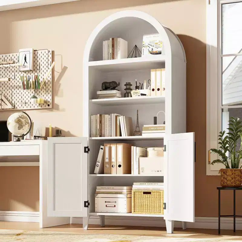 63.2" Arched Bookcase with Doors, 5-Tier Open Display Shelf with Rattan Decor for Kitchen, Dining Room, Living Room