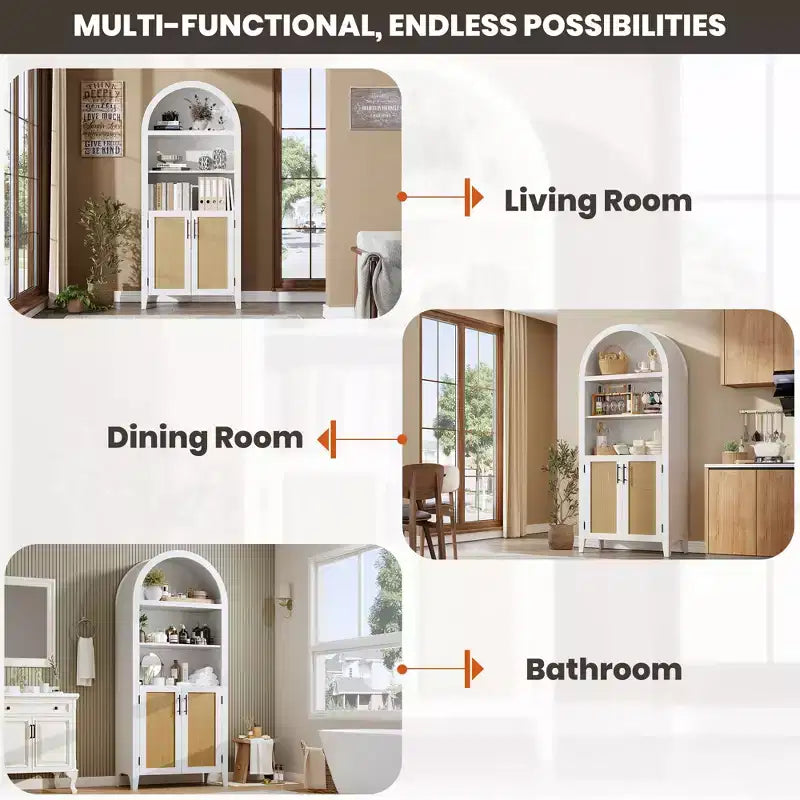 63.2" Arched Bookcase with Doors, 5-Tier Open Display Shelf with Rattan Decor for Kitchen, Dining Room, Living Room