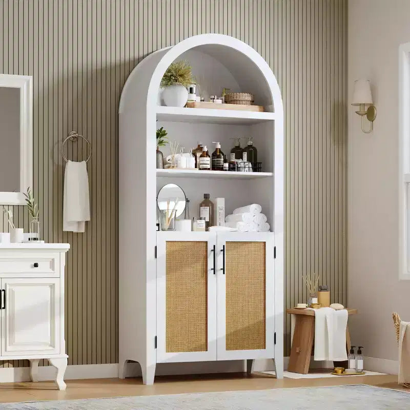 63.2" Arched Bookcase with Doors, 5-Tier Open Display Shelf with Rattan Decor for Kitchen, Dining Room, Living Room